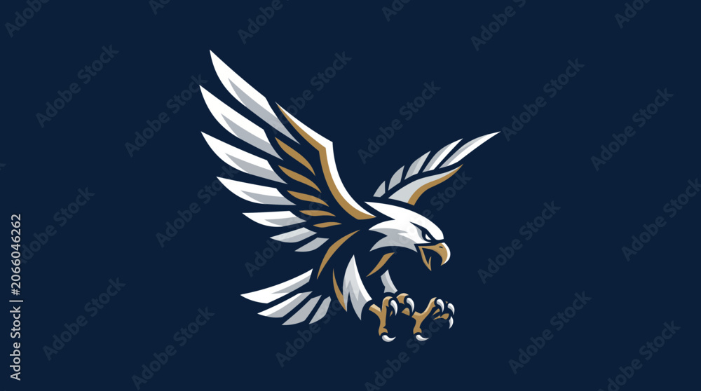 Obraz premium Dynamic stylized white eagle logo with gold accents on a deep navy background, ideal for sports branding or team emblem