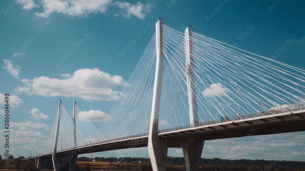 Fototapeta premium Modern suspension bridge with cable-stayed design against a clear blue sky showcasing engineering excellence and urban landscape in daylight