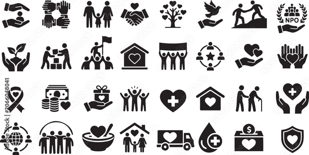 Fototapeta premium Humanitarian Causes Flat Glyph Icon Set, Volunteering, Adoption, Charity, Donations, Nonprofit Organizations and Business Teamwork Vector Icons