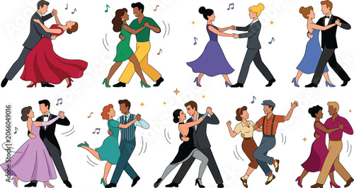 Photography Couples dancing together vector illustration set