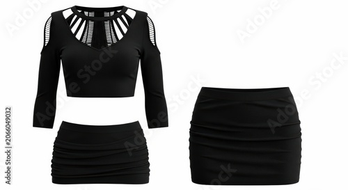 Black Women's Loungewear Mockup: Sleeveless Cut-Out Crop Top and Ruched Mini Skirt Fashion Set