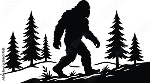 Bigfoot silhouette walking in a pine forest