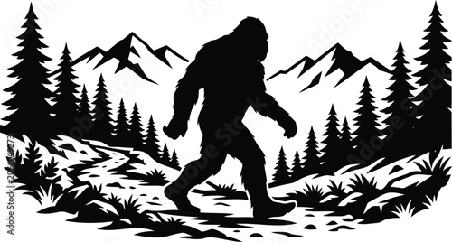 Bigfoot walking in the mountains with pine trees