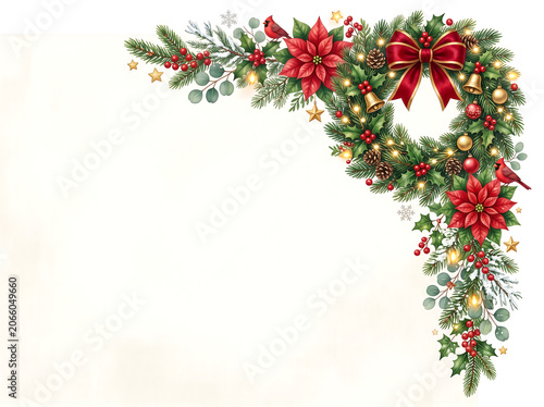 Christmas botanical corner border with pine branches, poinsettia, red berries, and wreath on light beige recycled paper background texture