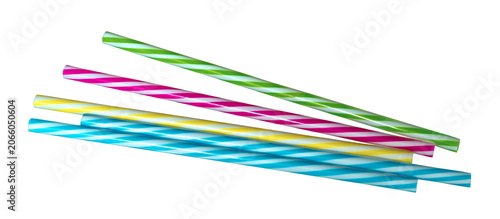 Colorful striped plastic drinking straws on transparent background