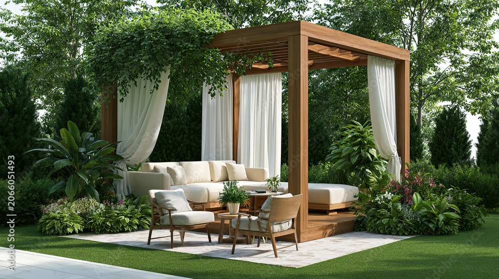 Fototapeta premium Backyard wooden pergola with white sheer curtains lounge sofas, green plants flowers lawn private garden modern outdoor landscape render