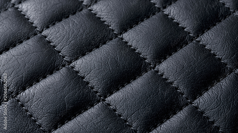 Naklejka premium Black quilted leather texture closeup with stitched diamond pattern and dark glossy surface