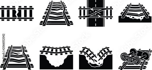 Cuadro en lienzo Damaged Railway Track and Railroad Failure Icons Vector Illustration Set