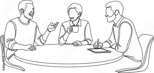 Continuous line drawing of three men having coffee and talking sitting at round table on cafe patio.
