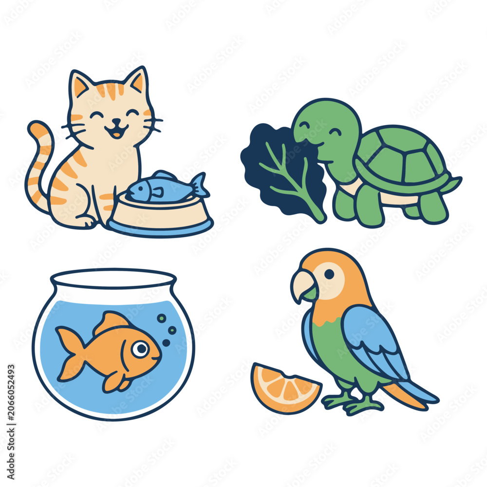 Fototapeta premium Lovely Animals Set with Cute Kitten Eating Fish Green Turtle Goldfish and Parrot 