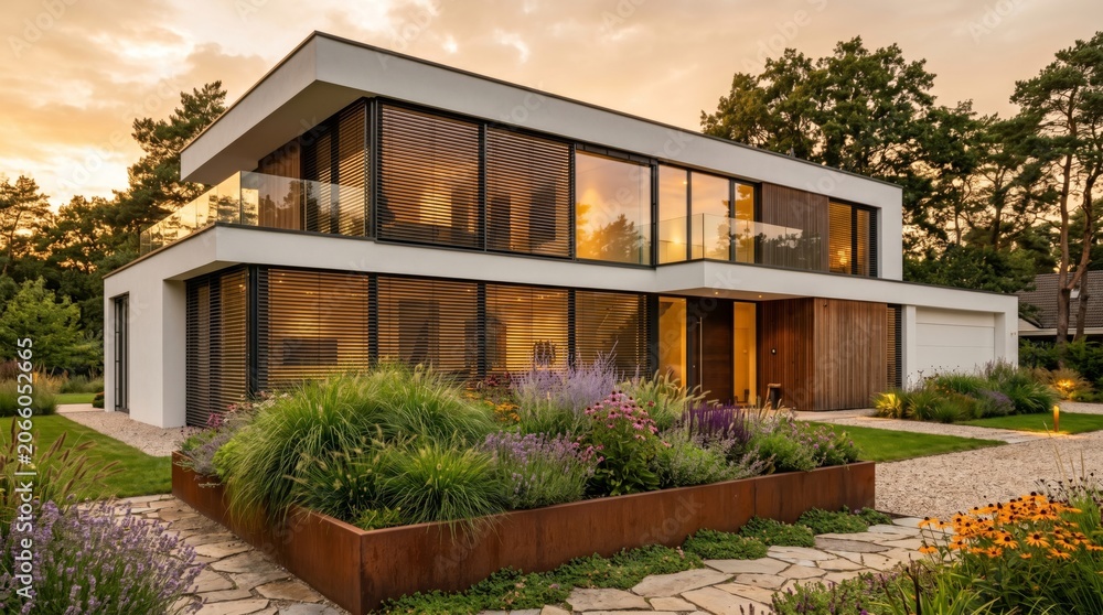 Fototapeta premium Modern two story luxury villa with glass facade and beautiful garden landscaping at sunset