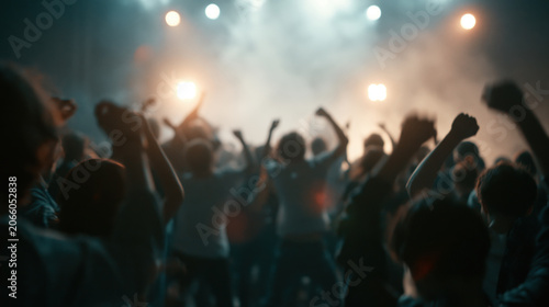 Live music crowd dancing in smoky stage light with raised arms and blurred silhouettes