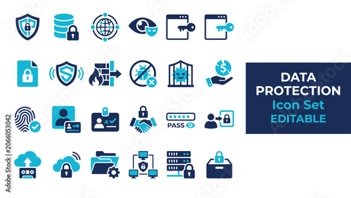 Collection of data protection icons on white background for cybersecurity concept