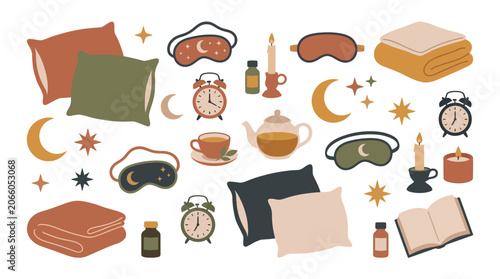 Sleep wellness objects collection for relaxation and bedtime routines displayed