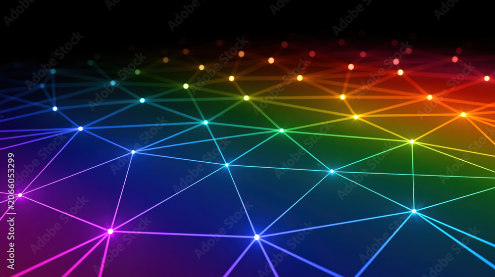 Fototapeta premium Abstract geometric network wallpaper rainbow light line dark background glowing point digital mesh triangular pattern multicolor gradient luminous connection futuristic design low poly style