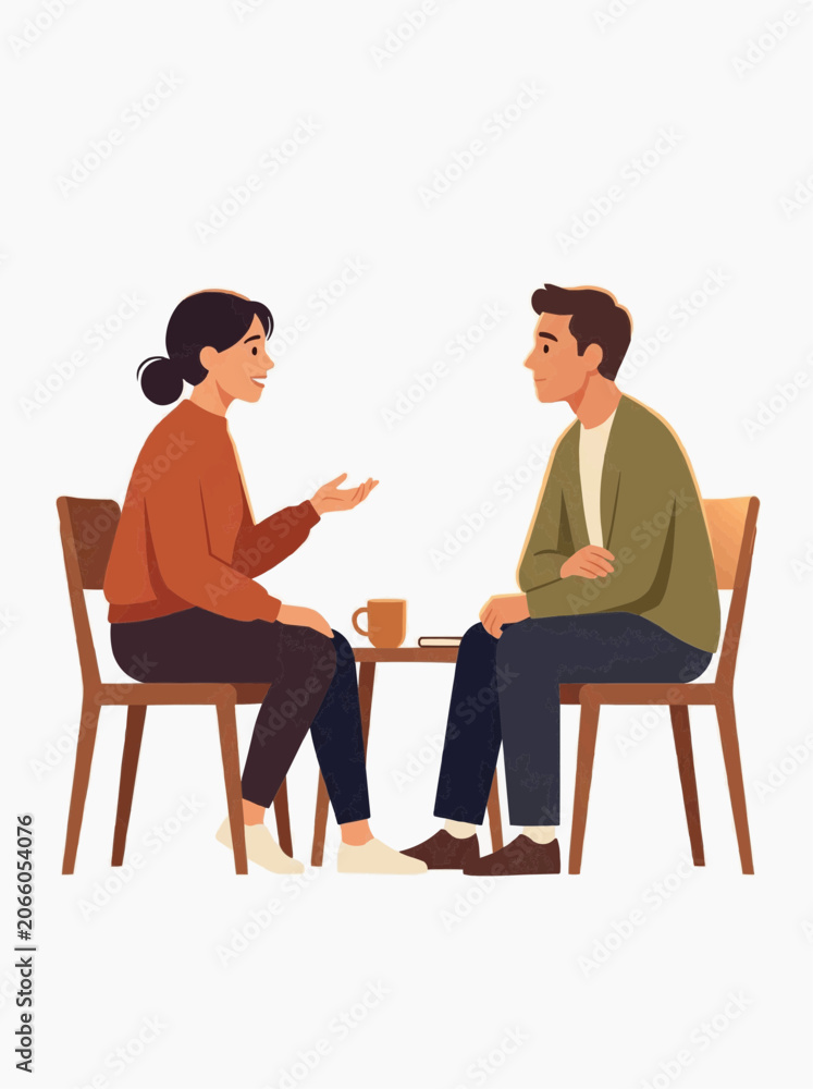 Fototapeta premium Man and woman sitting at a table having a conversation with a coffee cup and book