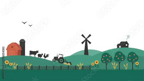 Photos Charming farm scene with animals and windmill on green hillside Vector