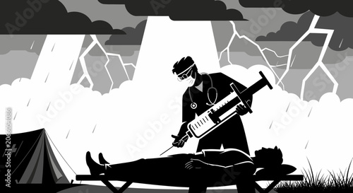 Medical Professional Administering Injection Under Stormy Skies with a Patient Requiring Emergency