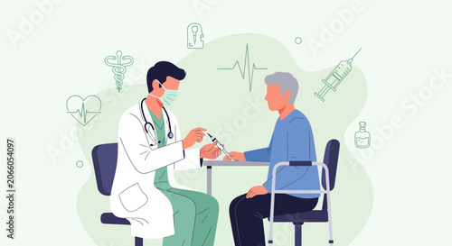 Medical Professional Administering Injection to Senior Patient in Flat Vector Illustration