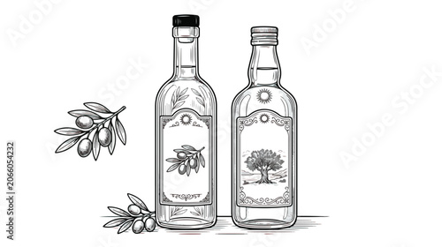 Obraz na plátne Vintage olive oil glass bottles with hand drawn labels, rustic sketch of organic