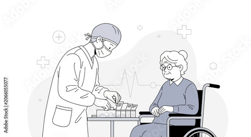 Medical Professional Administering Medication to Senior Patient in Wheelchair Setting