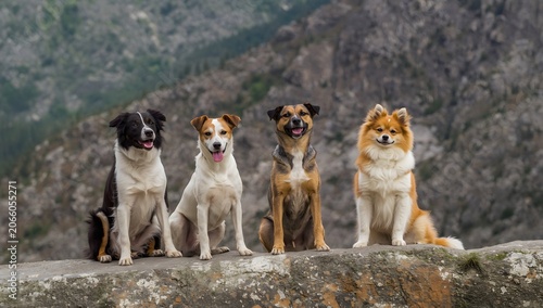 Four dogs on mountain with rocky background. Four dogs, including a Border Collie, Jack Russell Terrier, and Pomeranian, Toller sit on a rocky mountain ledge with a backdrop of rugged peaks.