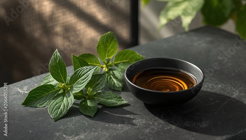 Pure nirgundi herbal oil in a stone ceramic bowl beside fresh five leaved chaste tree green leaves on a concrete surface.