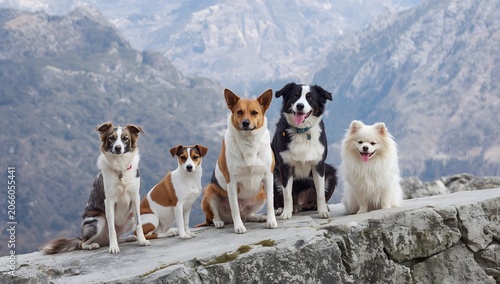 Four dogs on mountain with rocky background. Four dogs, including a Border Collie, Jack Russell Terrier, and Pomeranian, Toller sit on a rocky mountain ledge with a backdrop of rugged peaks.