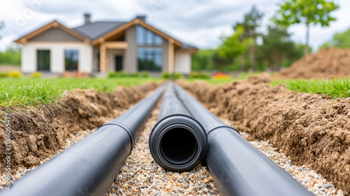 Drainage pipe installation in residential yard near house with trench excavation and soil for underground water system