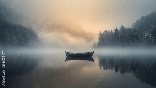 Boat on mountain lake in the morning. There is fog rising from the surface of the water. The boat is on the lake in winter.
