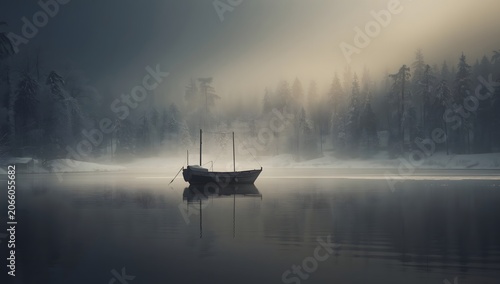Boat on mountain lake in the morning. There is fog rising from the surface of the water. The boat is on the lake in winter.
