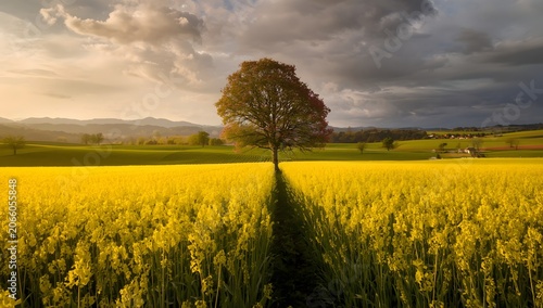 Yellow canola rapeseed flowering field meets lush green grain field with lone spring tree under a dramatic sky.