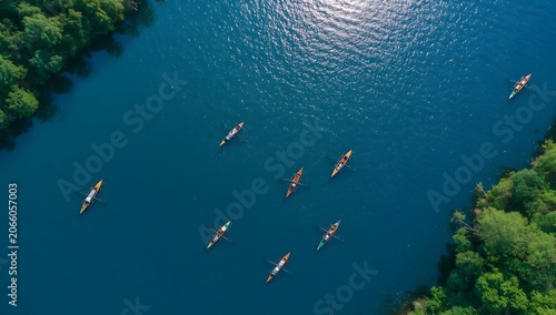Photo of rowing boats from above taken use a drone when summer.