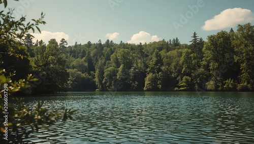Beautiful landscape scenery with lake and green forest.