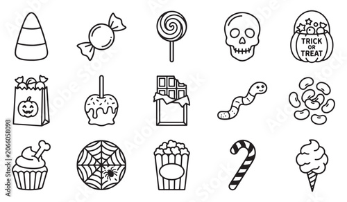 Tableau sur toile Set of halloween candy and sweet treat icons in blackandwhite lineart style