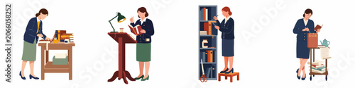 Obraz na plátně Collection of illustrations showing a professional woman librarian and bookbinder performing various tasks such as repairing, organizing, and managing vintage books in a library