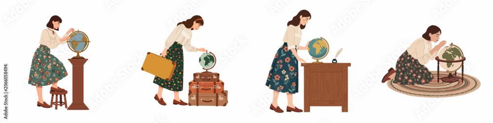 Fototapeta premium Set of vintage-style illustrations featuring a woman exploring world globes and suitcases, conceptualizing travel, adventure, and global discovery in a retro aesthetic.
