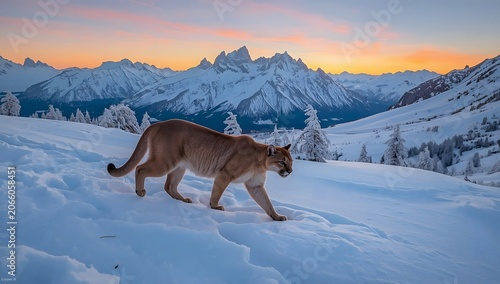 Puma landscape, nature winter habitat with snow, sunset light and dangerous animal. Wildlife nature