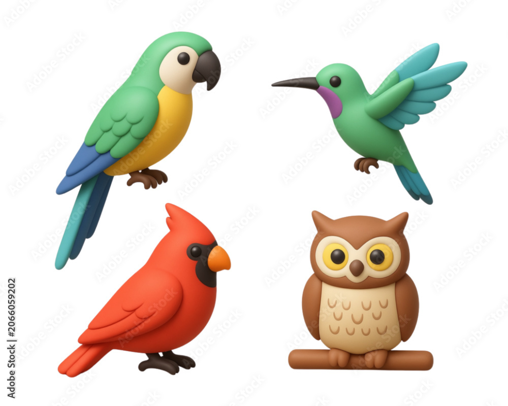 Fototapeta premium Diverse Bird Variety Set: A dynamic set of bird illustrations: parrot, cardinal, hummingbird, owl.