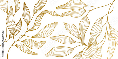 Elegant leaves and flowers, luxury gold line floral pattern, white background, Vector illustration Japanese ornament, Art Deco, Nouveau style, modern vintage aesthetic, wedding invitations