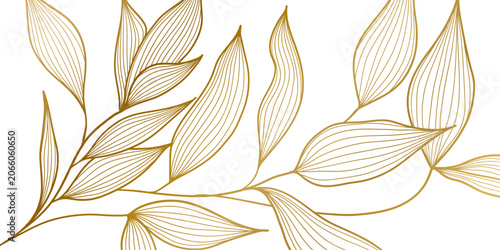Luxury gold line floral pattern, Vector illustration Japanese ornament, elegant leaves and flowers, white background, modern vintage aesthetic, wedding invitations