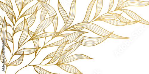 Luxury gold line floral pattern, elegant leaves and flowers, white background, Vector illustration Japanese ornament, modern vintage aesthetic, wedding invitations