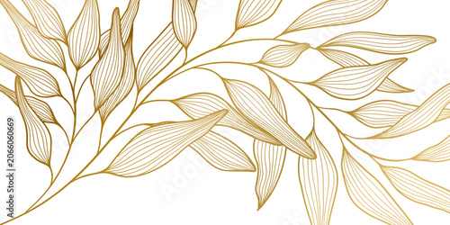 Luxury gold line floral pattern, modern vintage aesthetic, elegant leaves and flowers, white background, Vector illustration wedding invitations