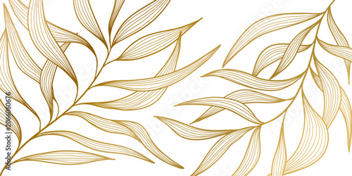 Elegant leaves and flowers, white background, luxury gold line floral pattern, Vector illustration modern vintage aesthetic, wedding invitations