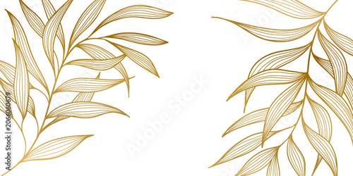 Elegant leaves and flowers, white background, luxury gold line floral pattern, Vector illustration modern vintage aesthetic, wedding invitations
