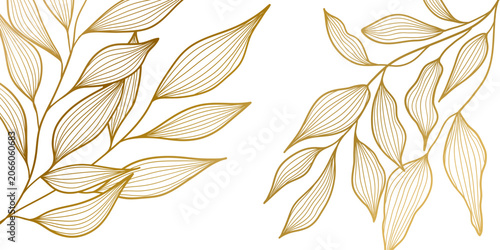 Luxury gold line floral pattern, Vector illustration Japanese ornament, elegant leaves and flowers, white background, modern vintage aesthetic, wedding invitations