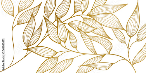 Luxury gold line floral pattern, modern vintage aesthetic, elegant leaves and flowers, white background, Vector illustration wedding invitations