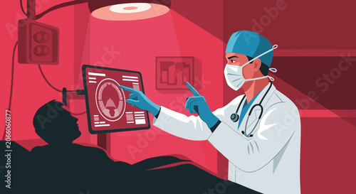 Medical Professional Analyzing Body Data Displayed During Procedure in Crimson Hued Room