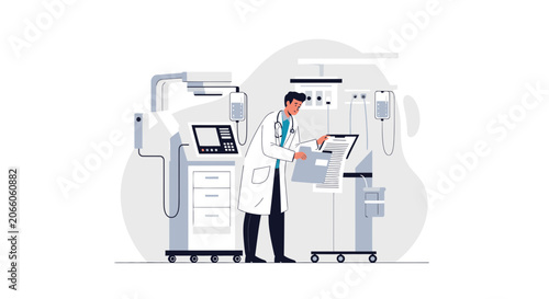 Medical Professional Analyses Patient Data In Front Of Advanced Treatment Equipment