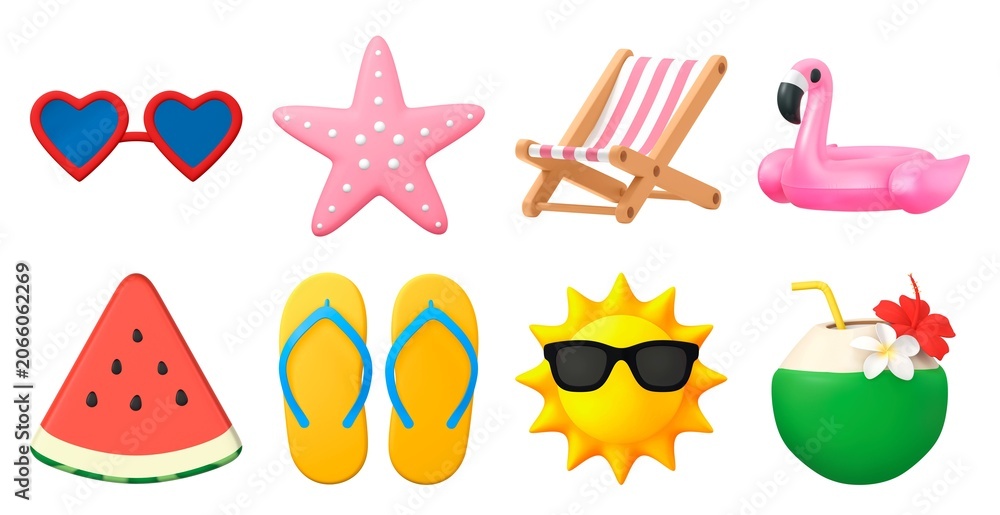 Obraz premium Colorful summer icons collection with sunglasses, star, beach chair, and flamingo